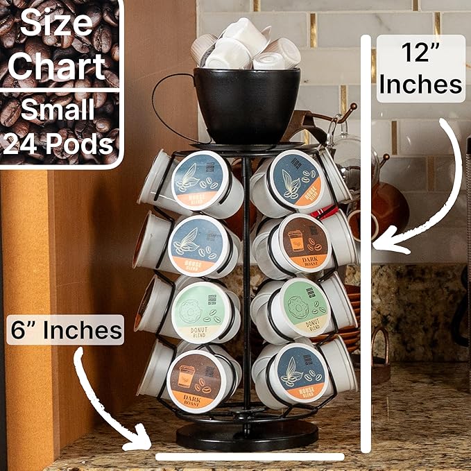 Made Easy Kit Carousel Coffee Pod Organizer - Compatible with Keurig K-Pods K-Cups - Countertop 360 Spin Rack Storage - Lazy Susan Revolving Base Metal (Black Coffee Mug, Small (24 Pods))