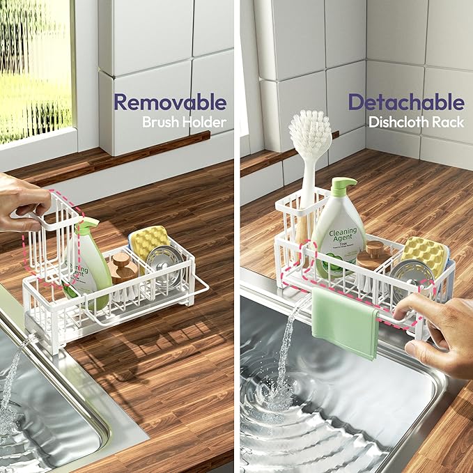 SWTYMIKI Sponge Holder for Kitchen Sink - Sink Caddy with Brush Holder Self-draining Sponge Caddy Organizer with Divider Stainless Steel Kitchen Accessories Storage for Countertop, White