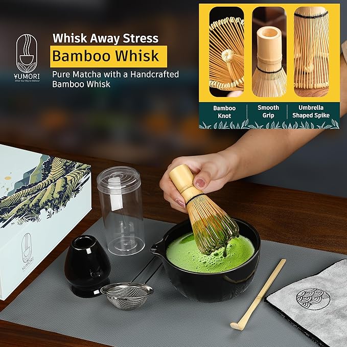 6 Pcs Matcha Whisk Set | Matcha kit with Black Bowl, Bamboo Whisk, Scoop, Sifter, Holder for whisk & Cleaning Cloth, Traditional Matcha Set in Magnetic Gift Box