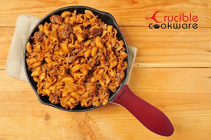 Crucible Cookware Cast Iron Skillets, Set Of 4 (Pre-seasoned) 10 Inch - 5.1 Inch, Including Large & Small Silicone Hot Handle Holders | Indoor & Outdoor Use