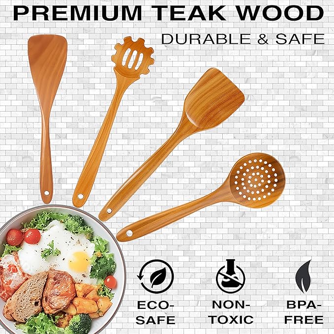 Extra-Large 4-Piece Teak Wooden Utensil Set – Non-Stick Wooden Spatula for Cooking, Skimmer Spoon, & Pasta Spoon – Premium Non Toxic Cooking Utensils