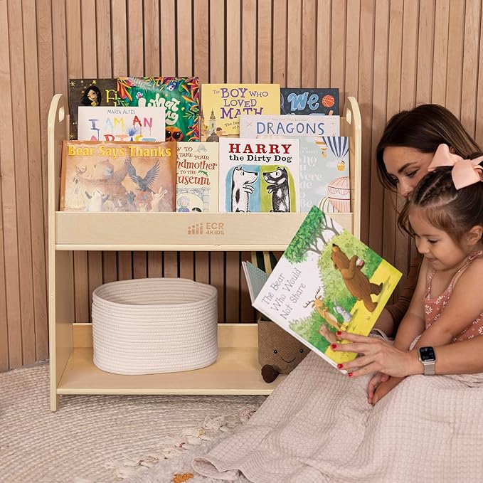 ECR4Kids 3-Shelf Floor Book Display with Handles and Storage, 30in, Kids Bookshelf, Natural