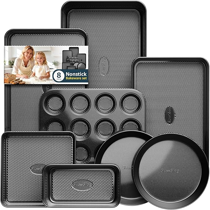 Nonstick Baking Pans Set, 8-Piece Stackable Bakeware Sets, Non-Toxic Oven Pan Set, Includes Baking Sheet, Cake Pan, Muffin Pan, Loaf Pan, Square Pan, Cookie Sheet & Roasting Pan, Black