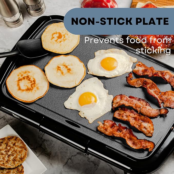 OVENTE Electric Griddle with 16 x 10 Inch Flat Non-Stick Cooking Surface, Adjustable Thermostat & Electric Countertop Double Burner, 1700W Cooktop with 7.25 and 6.10 Inch Cast Iron Hot Plates