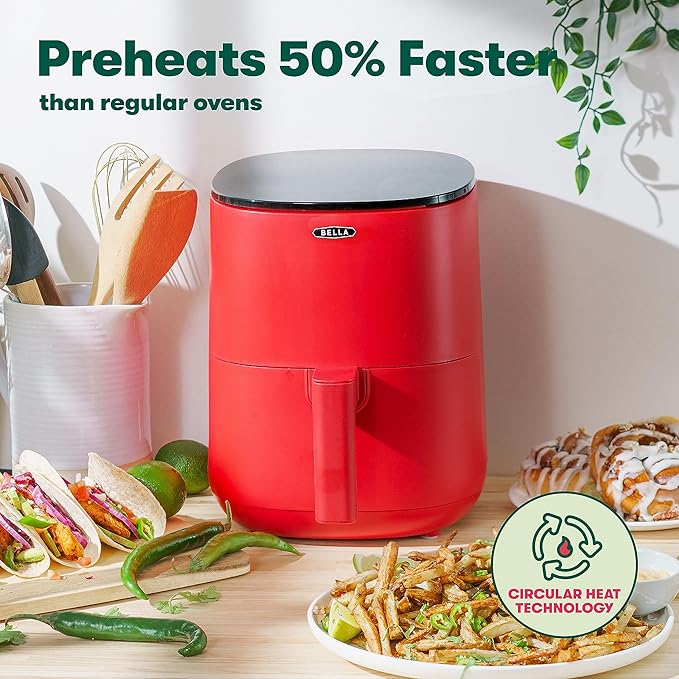BELLA 3 Qt Touchscreen Air Fryer Oven and 5-in-1 Multicooker with Removable Nonstick Dishwasher Safe Crisping Tray and Basket, 1400 Watt Heating System, Matte Red
