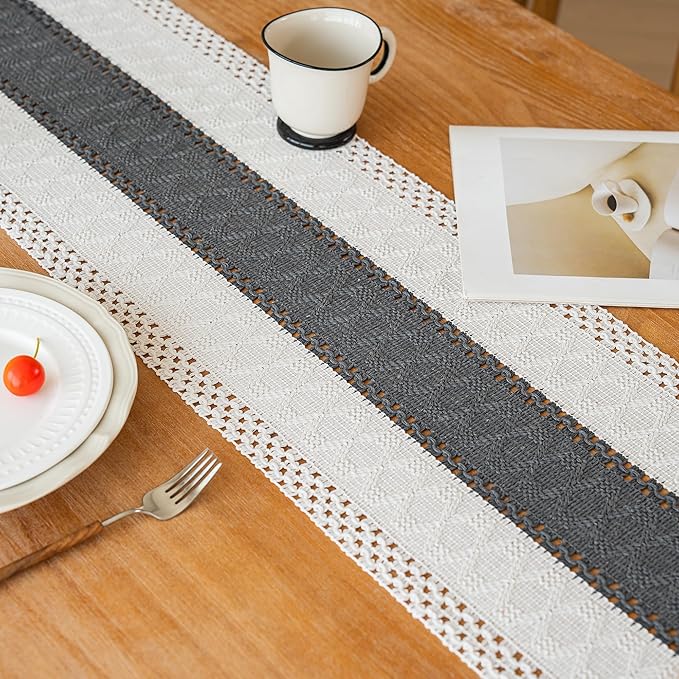 FEXIA Boho Table Runner for Home Decor with Tassels 48 Inches Long,Grey Farmhouse Rustic Table Runner Macrame Burlap Table Decoration for Living Room Bridal Shower(12x48 Inches)