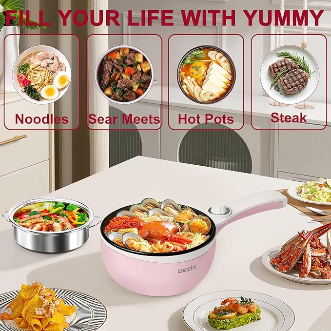Dezin Hot Pot Electric with Steamer Upgraded, Non-Stick Sauté Pan, Rapid Noodles Electric Pot, 1.5L Mini Pot for Steak, Egg, Fried Rice, Ramen, Oatmeal, Soup with Power Adjustment