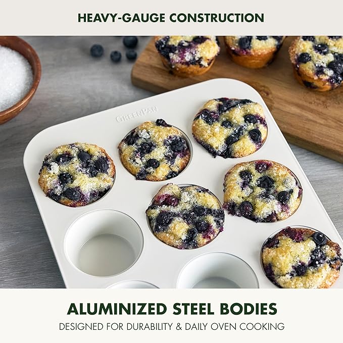 GreenPan Bakeware Set, 7 Piece Nonstick Ceramic Gold Handle Baking Sheets, Cake Pans, Loaf Pan, Muffin Tin, Cooling Rack, PFAS & BPA Free, Freezer to Oven Dish, Bake & Roast Ovenware, Cream