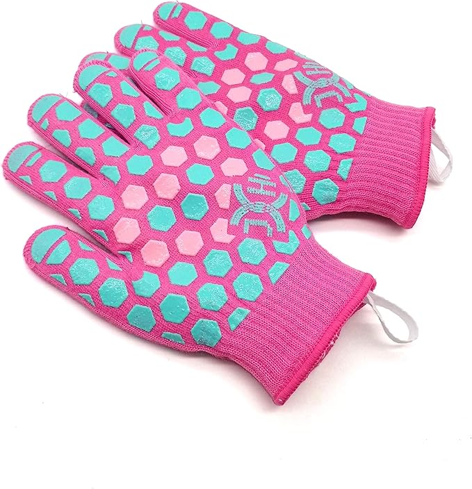 J H Heat Resistant Oven Glove:EN407 Certified 932 °F, 2 Layers Silicone Coating, Oven Mitts for Cooking,Kitchen,Fireplace, Grilling,1Pair (Coral Shell with Turquoise/Pink, Women Fits All)