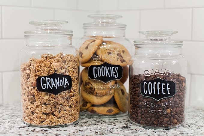 Kitchen Round Clear Glass Airtight Lids Chalkboard Canister Jar (Set of 3) with 3 Stick on Labels and Chalk Small