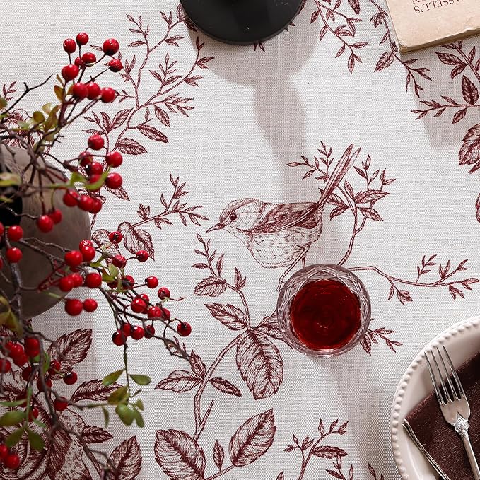 ISAENNE Designer Vintage Linen Table Cloth for Rectangle Table,Red Floral Pattern Linen Stain Resistant Tablecloth,Decor Tablecloths for Dining Thanksgiving Kitchen Party,55"*79"-Harmony