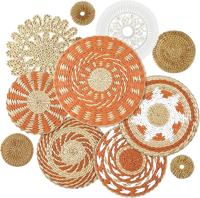 Tatuo 11 Pcs Boho Wall Basket Decor Bulrush Woven Wall Hanging Art Round Farmhouse Rustic Handmade Wicker for Summer Home, Bedroom, Living Room, Kitchen Decorations, Multi Sizes(Delicate)
