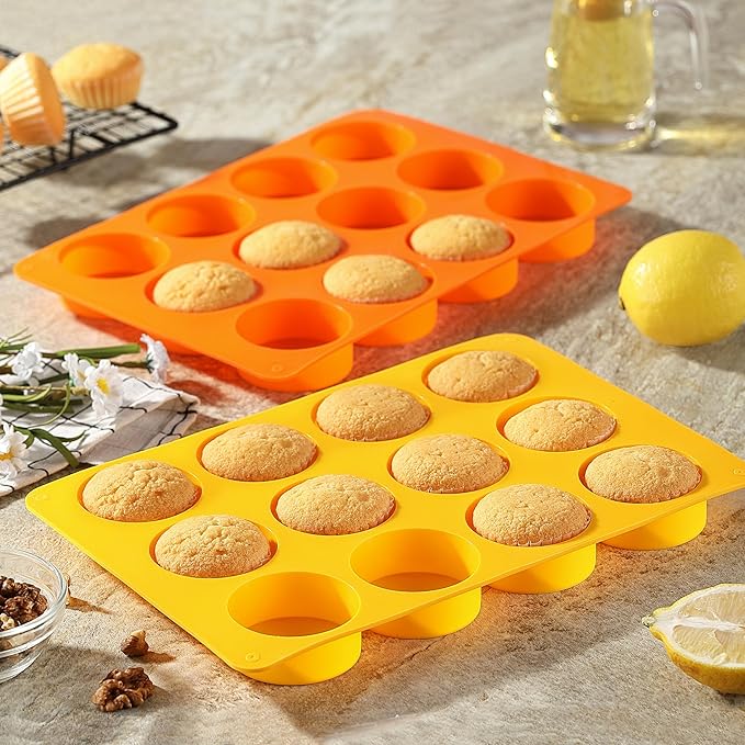 2 Pcs Oreo Chocolate Cookie Silicone Molds, 12-Cavity Round Silicone Mold, Baking Mold for Oreo, Chocolate, Cookie, Candy, Mini Cake, Jelly (Orange + Yellow)