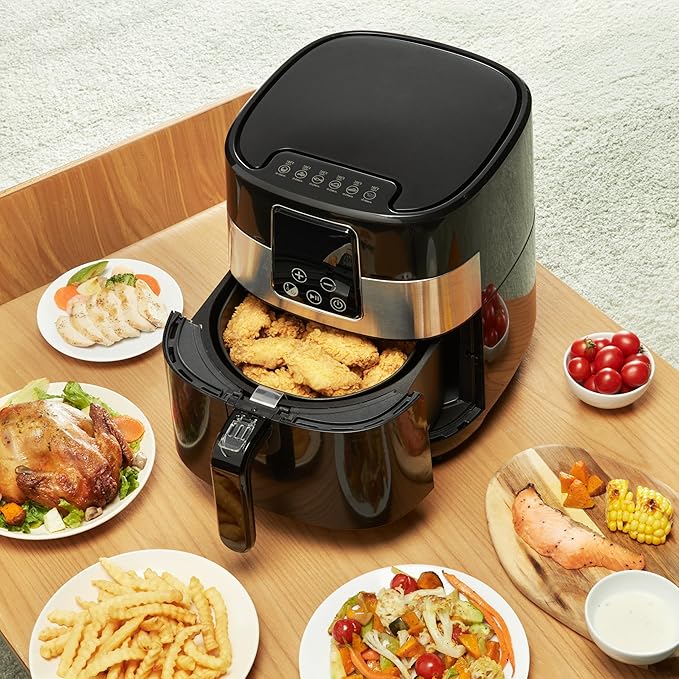 Amazon Basics 3.2 Quart 6-In-1 Digital Air Fryer with Non-Stick Basket, Timer, Auto Shut-Off, Touch Screen, 1400W, 180-400°F Temperature Range, Black/Silver