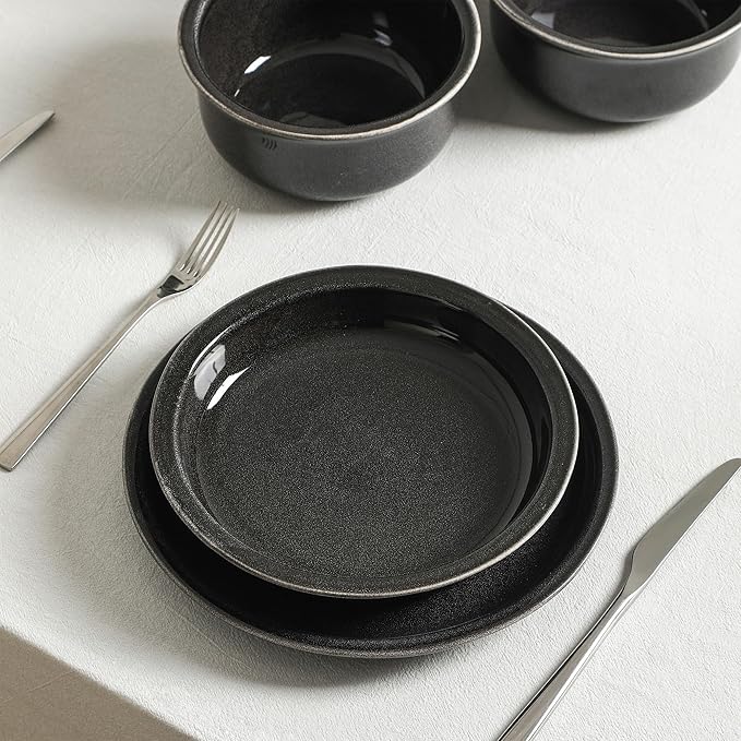 Stone Lain Slate 12-Piece Dinnerware Set Stoneware, Plates and Bowls Set, Dishwasher and Microwave Safe, Dish Set for 4, Black