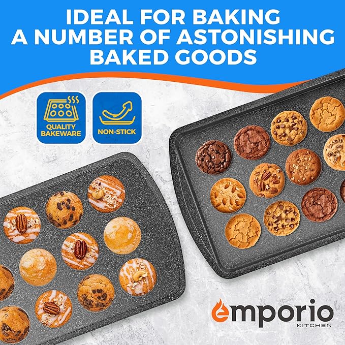 Emporio Kitchen Stackable Baking Pan Set - Deluxe Nonstick Gray Marble Coating, Carbon Steel Bakeware Sets, PFOA, PFOS, PTFE Free, Recipe Booklet Included, Oven Safe (Up to 450°F), Set of 7
