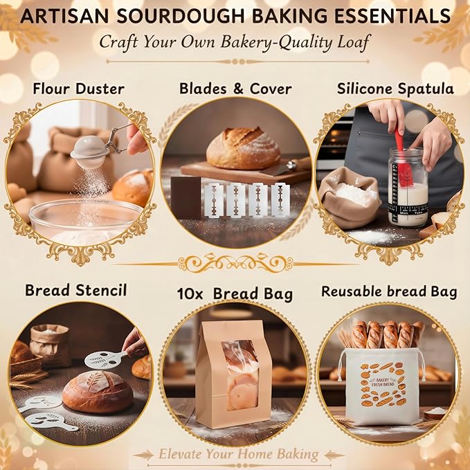 Sourdough Starter Kit with Glass Starter Jar & Banneton Bread Proofing Basket, Complete Sourdough Bread Baking Supplies and Tools for Home Bakers, Gift Sourdough Kit for Baking Lovers