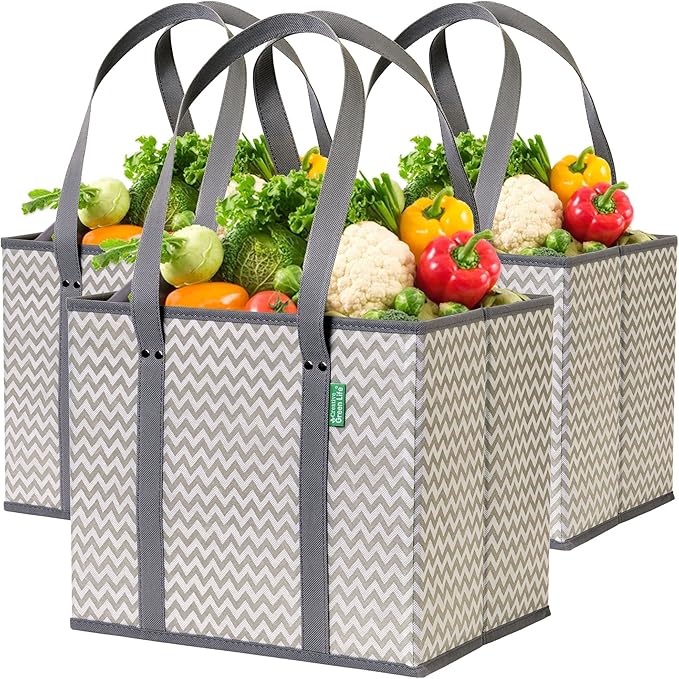 Reusable Grocery Bags (3 Pack) – Heavy Duty Reusable Shopping Bags with Box Shape to Stand Up and Stay Open – Large Tote Bags with Long Handles & Reinforced Bottom – Foldable Utility Bag – Chevron