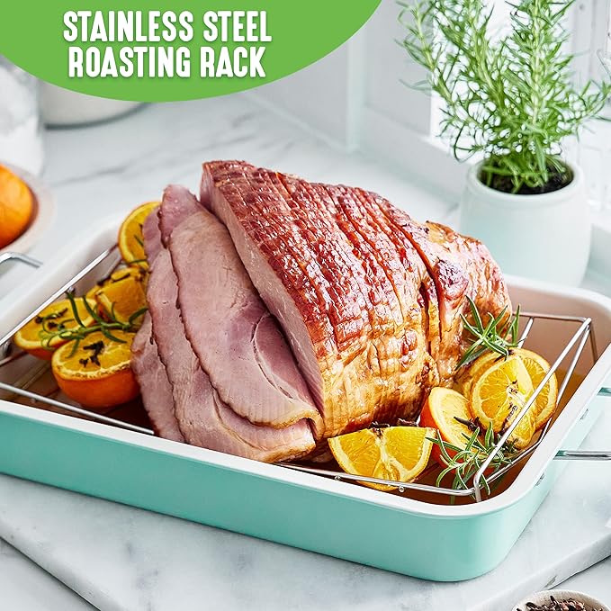 GreenLife 16.5” x 12” Healthy Ceramic Nonstick Roasting Pan with Stainless Steel Roaster Rack, PFAS-Free, PFOA-Free, Dishwasher Safe, Oven Safe, Easy Pouring Rims, Turquoise