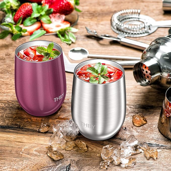 THILY Metal Insulated Stemless Wine Glasses 4 Pack Stainless Steel Wine Tumbler with Lid and Straw, Travel Cup Set, Reusable, Keep Cold & Hot for Wine, Coffee, Drinks, Silver