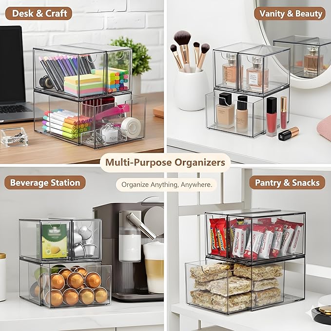 Coffee Pod and Tea Bag Organizer Drawer – Crystal-Clear Acrylic Tea Bag Drawer, Easy to Clean & Stackable for K-Cups, Tea, Sugar Packets in Office, Gym & Kitchen Cupboard (3-Pack)