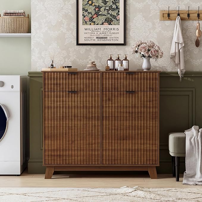 Double Tilt Out Laundry Hamper Cabinet, 20 Gallon Wooden Trash Can Cabinet with Storage Drawers, Hidden Fluted Bathroom Storage Cabinet for Kitchen, Living Room (Walnut Wood, 39.34"W x 35.83"H x 13"D)