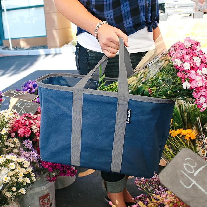 CleverMade EcoBasket Reusable Grocery Tote - 30L - Pack of 3 - Blue Grey - Collapsible Storage Shopping Organizer - Heavy Duty Utility Bag Home