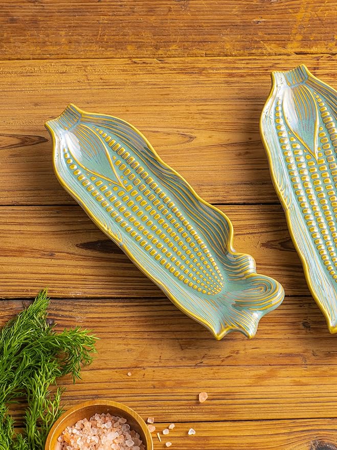 Corn Dishes, Ceramic Corn on the Cob Holders and Trays, Set of 4