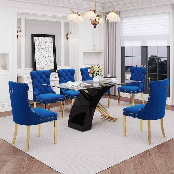 7 Piece Glass Dining Table Set for 6, 63" Modern Kitchen Table with 6 Blue Velvet Chairs, Tempered Glass Tabletop with Black X-Shaped MDF Base, Modern Dining Room Set for Kitchen and Dining Room
