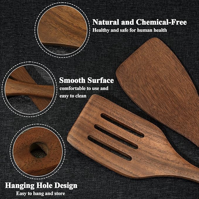 Wooden Spatula Nonstick Turner Acacia Wood, 12" Long Handle Flat Frying Spatulas Handmade for Kitchen Gifts, Ideal Cookware Utensils for Cooking Eggs, Fish, Pancakes, 2 Pack