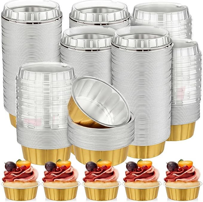 Tessco for you 200 Pcs Disposable Ramekins with Lids 8 oz Creme Brulee Ramekin Aluminum Foil Cup Cupcake Liner Baking Valentines Disposable Muffin Tin Pan Cheesecake Container (Gold,Silver)