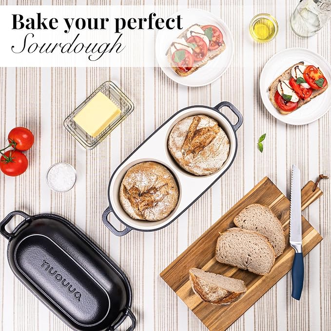Dutch Oven for Sourdough Bread Baking – Enamelled Cast Iron Bread Loaf Pot – 500°F Oven Safe Non Stick Bread Pot – Double Round Loaf Space, 16.5cm Diameter, Black, – by Nuovva