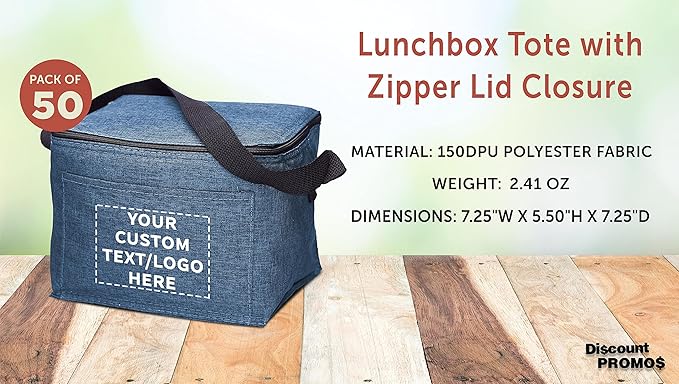 DISCOUNT PROMOS Custom Insulated Cooler Lunch Bag Set of 50, Personalized Bulk Pack - Perfect for Work, Travel, Outdoor Events - Blue