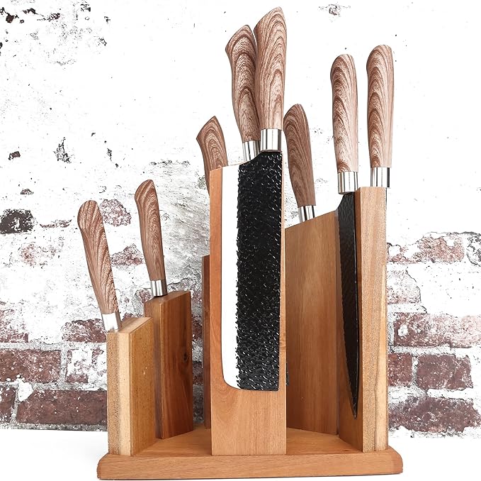 Resafy Countertop Magnetic Knife Block - Double Sided Wooden Holder w/Strong Magnets,Space Saving Up to14 Knives Large Capacity Storage Stand