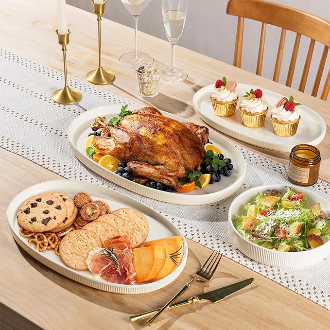 theterra Ceramic Serving Platter, 15.6"/14.4"/12.2" Oval Serving Dishes for Entertaining, Oven Safe, Microwave Safe, Serving Plates Set of 3 for Wedding, Party, Turkey, Beige