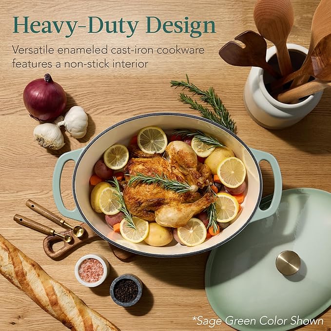 Best Choice Products Oval 7.5 Quart Enamel Cast-Iron Dutch Oven, Heavy-Duty Pre-Seasoned for Baking, Cooking w/Side Handles – Mushroom Beige
