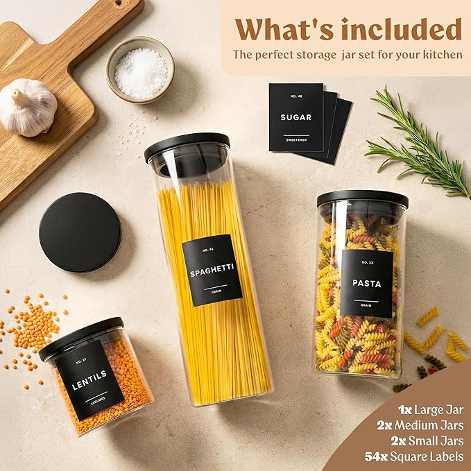 EDELHAUS Glass Storage Containers with Black Lids [Extra Thick Glas] with 54 Labels - Canister For Pantry Noodles Flour Cereal Rice Sugar Tea Coffee Beans - Round Set of 5x