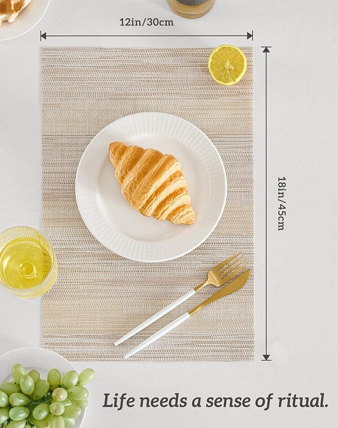 Leetaltree Lightsteel Beige with Yellow Placemats Set of 8 - Heat Resistant Non-Slip Place mats for Dining Table, Washable Durable PVC Vinyl Woven Table Mats (Lightsteel Beige with Yellow, 8)