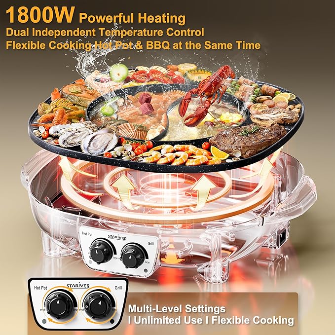 Stariver Hot Pot Electric with Grill 2 in 1, Indoor Korean BBQ & Shabu Shabu, Features Easy-clean Non-stick Coating, Dual Controls, 1800W Fast Heating, Perfect for Family Gatherings or Friends Parties