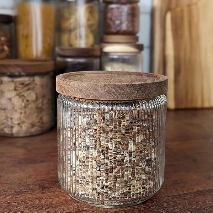 Mason & Fable Ribbed Glass Jar, Stackable & Airtight Wooden Lid- Storage Canister for Cereal, Pasta, Rice/Flour - High End Look for Kitchen, Pantry, Bar Organization - 40oz, Set of 2
