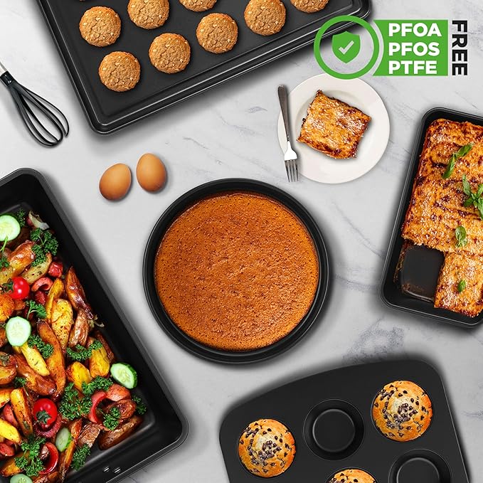 NutriChef 8-Piece Nonstick Stackable Bakeware Set – Non Toxic Carbon Steel Baking Trays W/Cookies Sheet Muffin, Loaf, Cake, Round & Square Pan – Easy To clean & Easy to Release, Oven Safe – Brown