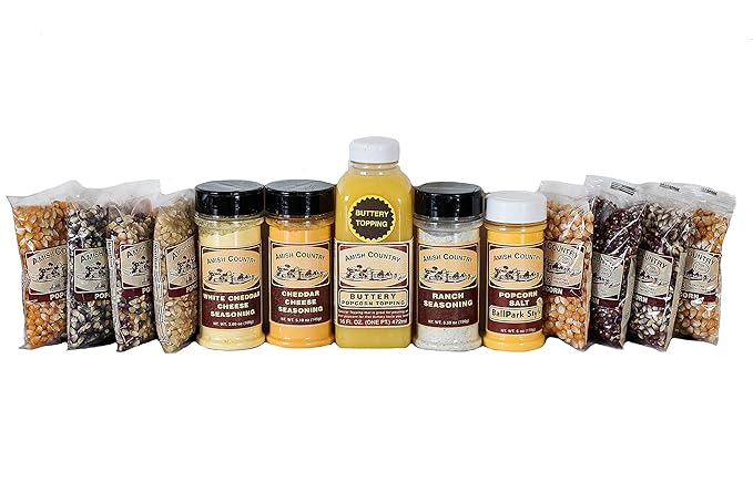 Amish Country Popcorn | 8-4 oz Bags | Air Pop Variety Sampler | Popcorn Kernels and Variety Topping Bundle | Old Fashioned, Non-GMO and Gluten Free