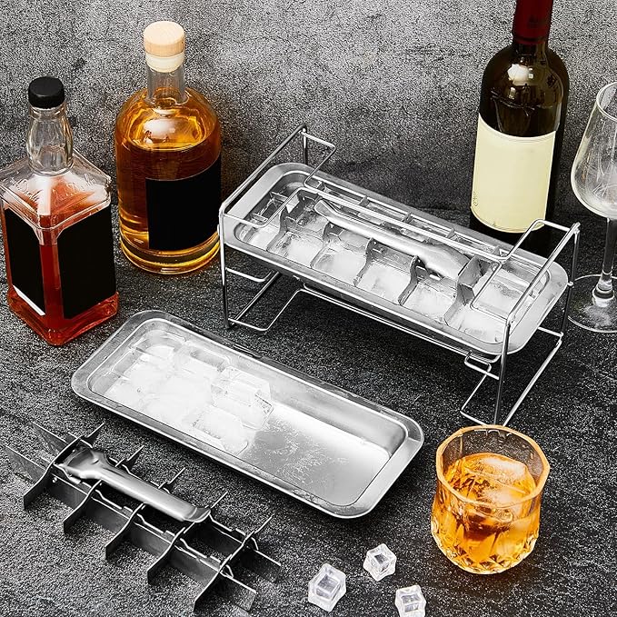 4 Pack Stainless Steel Ice Cube Tray Easy Release Handle Stand Durable Metal Ice Cube Trays for Bars Kitchens Dishwasher Whiskey 72 Large Slots for Easy Removal and Cleaning