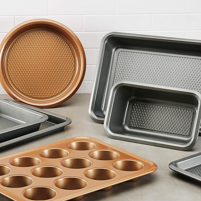 Ayesha Curry Nonstick Bakeware Set with Nonstick Bread Pan, Cookie Sheet, Baking Pan, Baking Sheet and Cake Pans - 6 Piece, SIlver