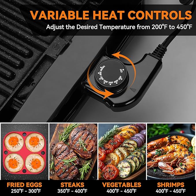 Baker’s Friend Indoor Searing Grill & Griddle, Electric Griddle with 2 in 1 Indoor Grill and Griddle Plate Indoor Grill with Removable Plate & Lid, Silicone Mold, Dishwasher Safe, Graphite