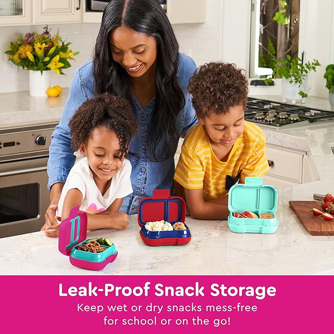 Bentgo Kids Snack - 2 Compartment Leak-Proof Bento Box Container for Snacks and Small Meals, Easy-Open Latch, Dishwasher Safe, BPA-Free for School, Daycare, & Sports - Ideal for Ages 3+ (Fuchsia/Teal)
