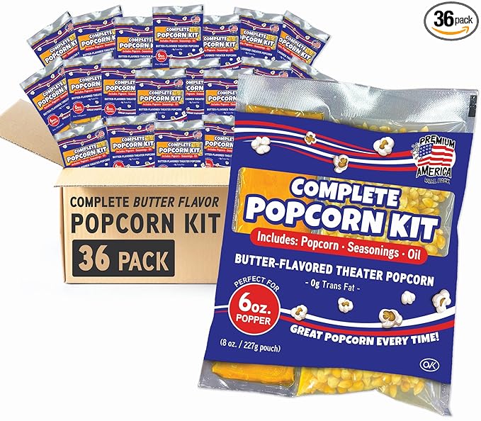 Premium America Popcorn Kit, 36 Packs for a 6oz Popper, Movie Theater & Popcorn Machine Kernels, Oil & Seasoning Packet, Bulk All in One