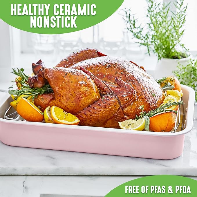 GreenLife 16.5” x 12” Healthy Ceramic Nonstick Roasting Pan with Stainless Steel Roaster Rack, PFAS-Free, PFOA-Free, Dishwasher Safe, Oven Safe, Easy Pouring Rims, Soft Pink