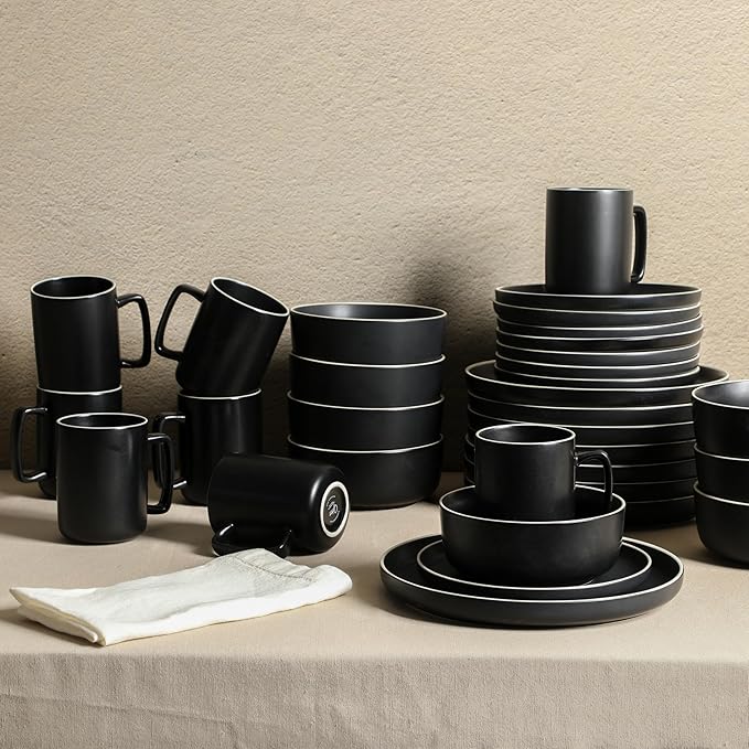 Gibson Home Zuma Nuevo 32 Piece Plates, Bowls, and Mug (Service for 8) Dinnerware Set - Black