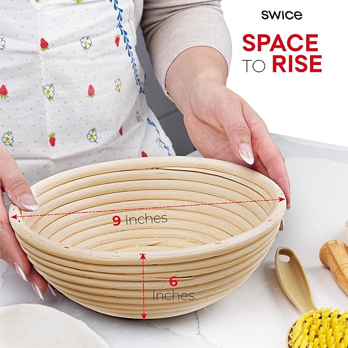 Swice Bread Proofing Basket, Round 9-Inch Banneton Sourdough Starter Kit with Lame, Dough Scraper, Linen Liner, and Basting Brush, Complete Bread Making Supplies and Tools